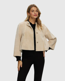 Reversible Collarless New Zealand Shearling Lamb Jacket With 3/4 Sleeves | Beige