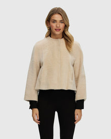 Reversible Collarless New Zealand Shearling Lamb Jacket With 3/4 Sleeves | Beige