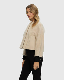 Reversible Collarless New Zealand Shearling Lamb Jacket With 3/4 Sleeves | Beige