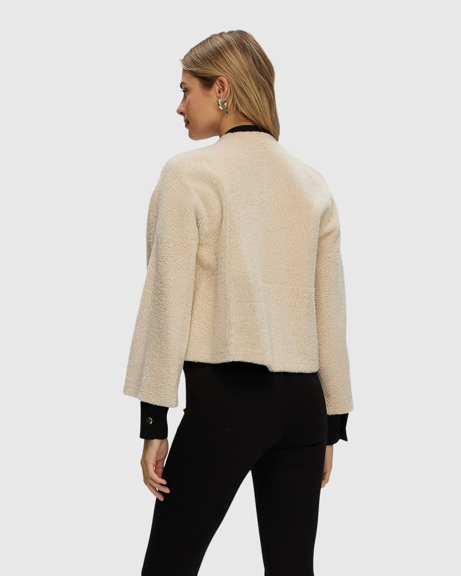 Reversible Collarless New Zealand Shearling Lamb Jacket With 3/4 Sleeves | Beige