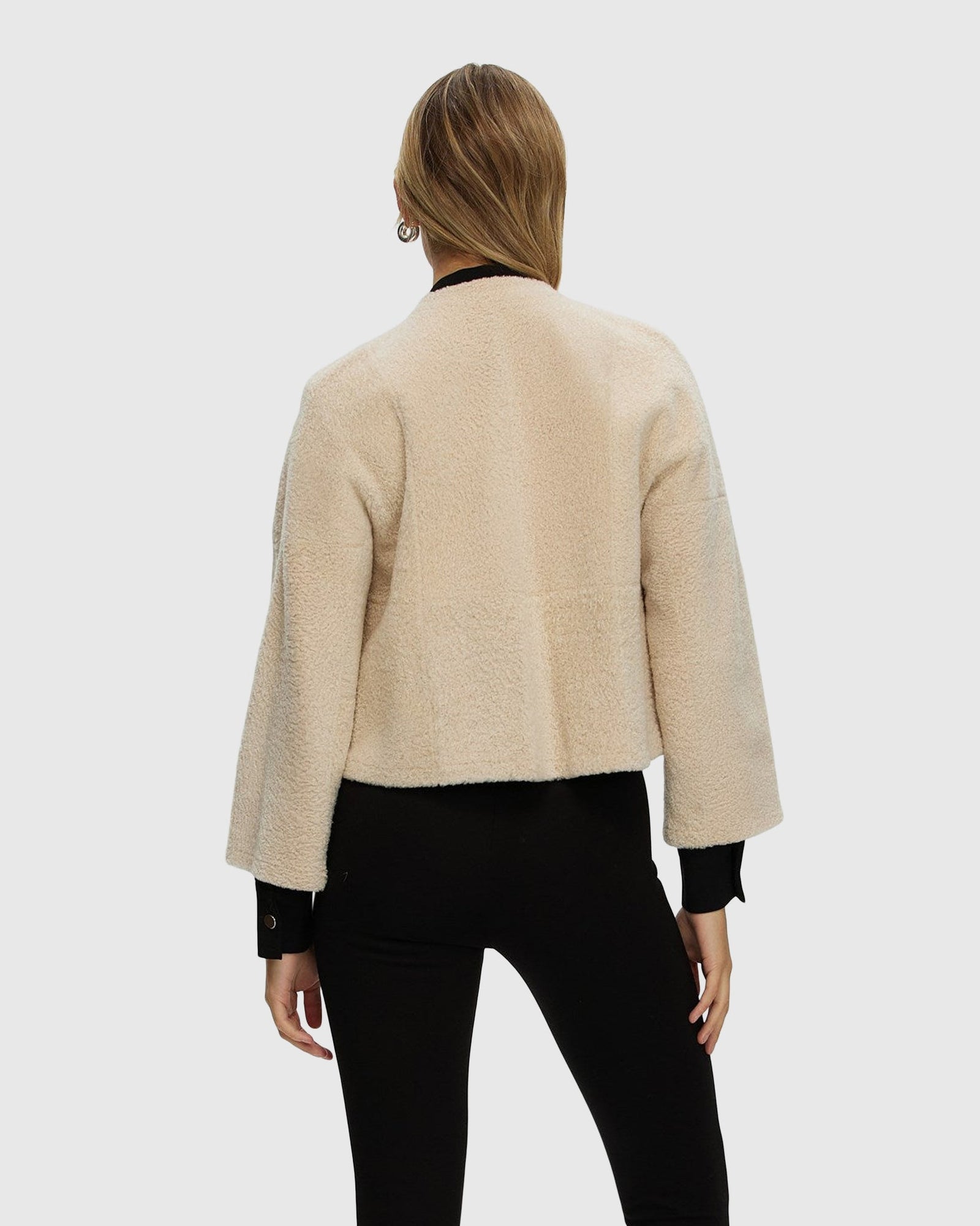 Reversible Collarless New Zealand Shearling Lamb Jacket With 3/4 Sleeves | Beige