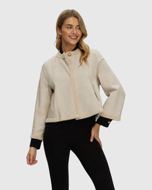 Reversible Collarless New Zealand Shearling Lamb Jacket With 3/4 Sleeves | Beige