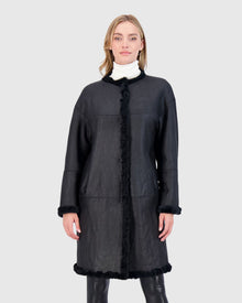 Reversible Collarless Select Shearling Lamb Short Coat With Buttons | Black/Black