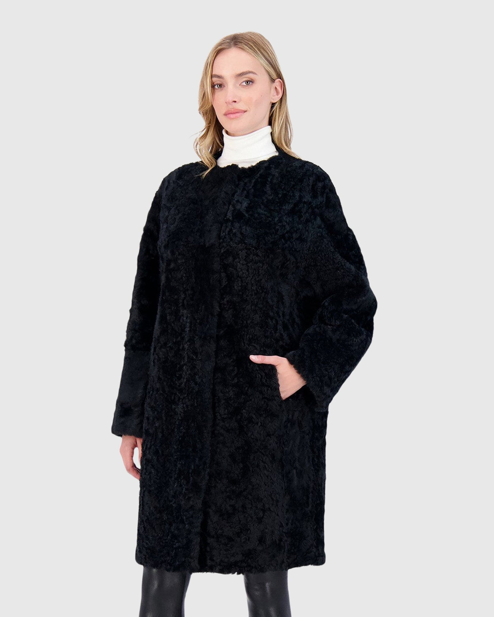 Reversible Collarless Select Shearling Lamb Short Coat With Buttons | Black/Black