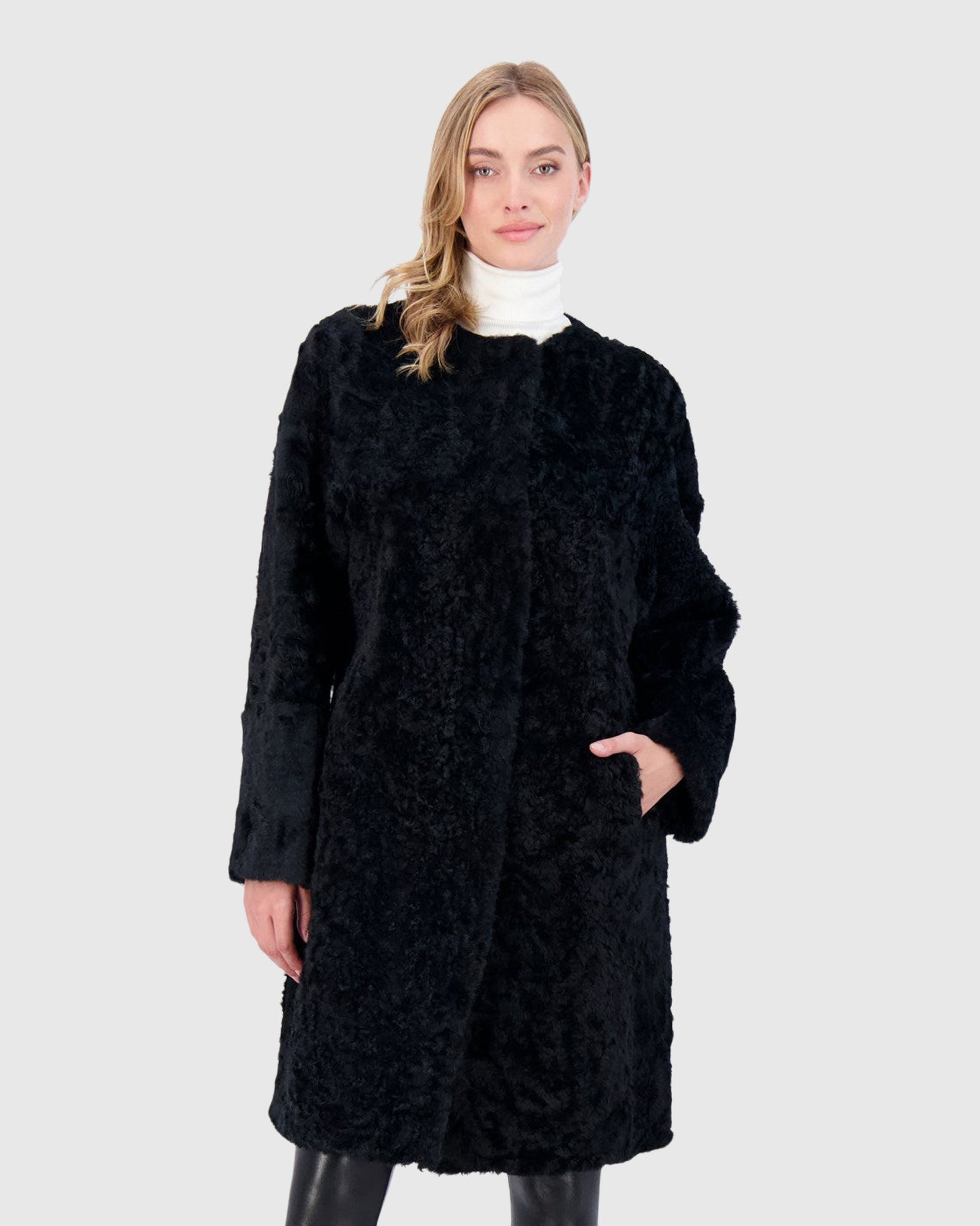 Reversible Collarless Select Shearling Lamb Short Coat With Buttons | Black/Black