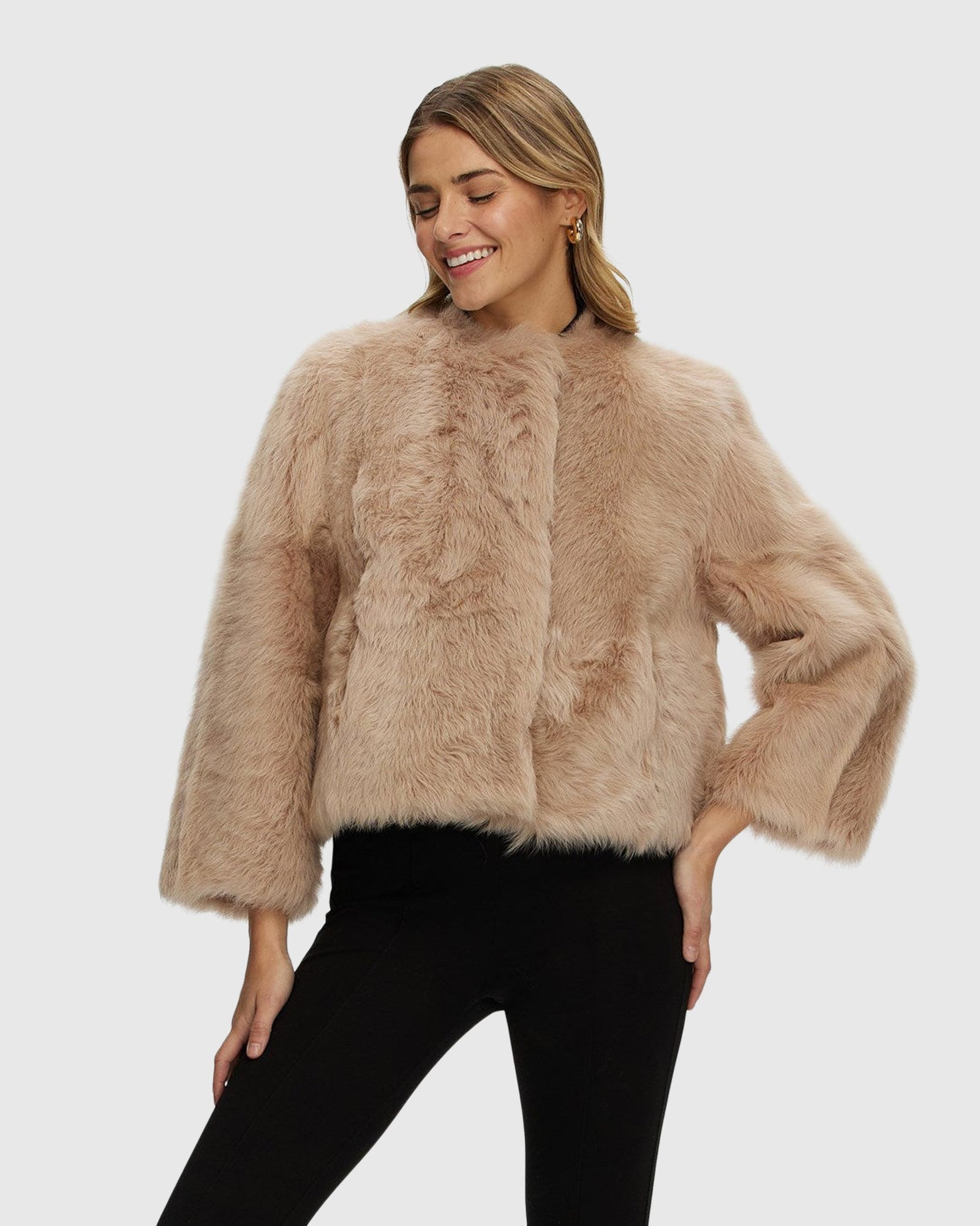 Reversible Collarless Toscana Shearling Lamb Jacket with 3/4 Sleeves | Pink