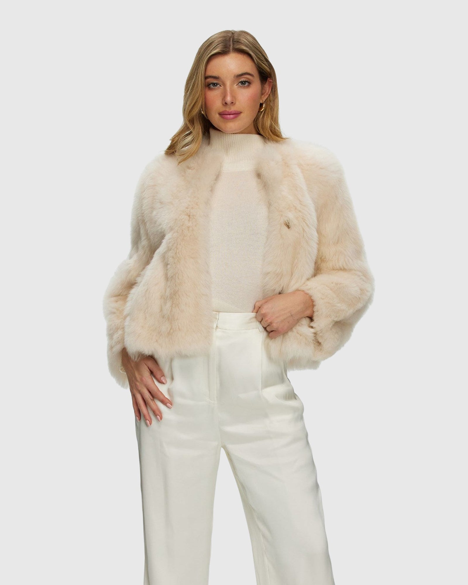 Reversible Collarless Toscana Shearling Lamb Jacket with 3/4 Sleeves | Beige