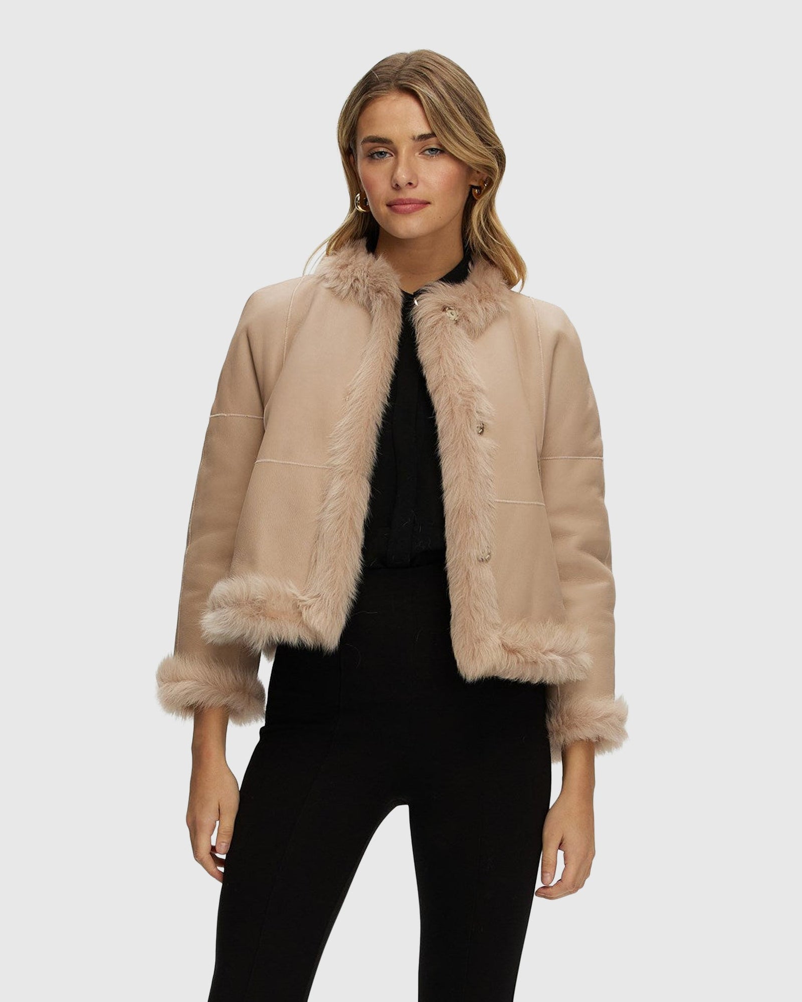 Reversible Collarless Toscana Shearling Lamb Jacket with 3/4 Sleeves | Pink
