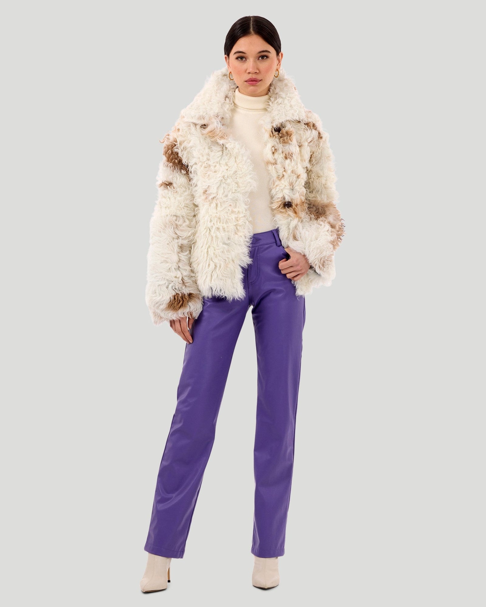 Reversible Long Hair Select Shearling Lamb Jacket | Women | White x Brown Spotted x Light Blue