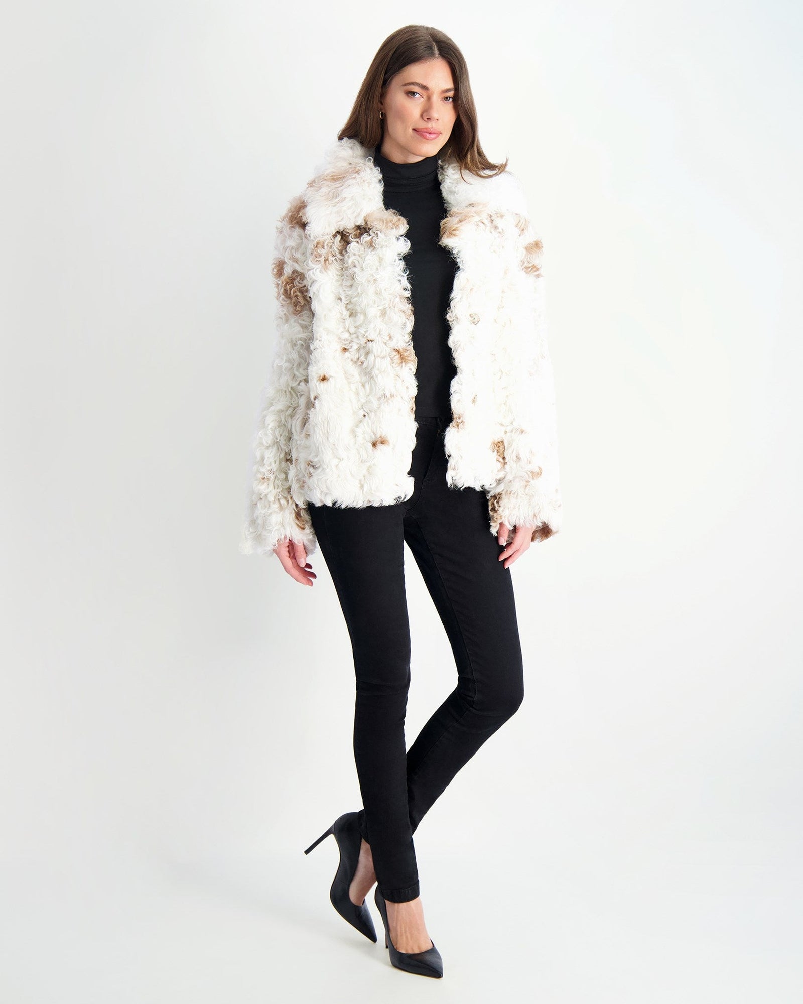 Reversible Long Hair Select Shearling Lamb Jacket | Women | White x Brown Spotted