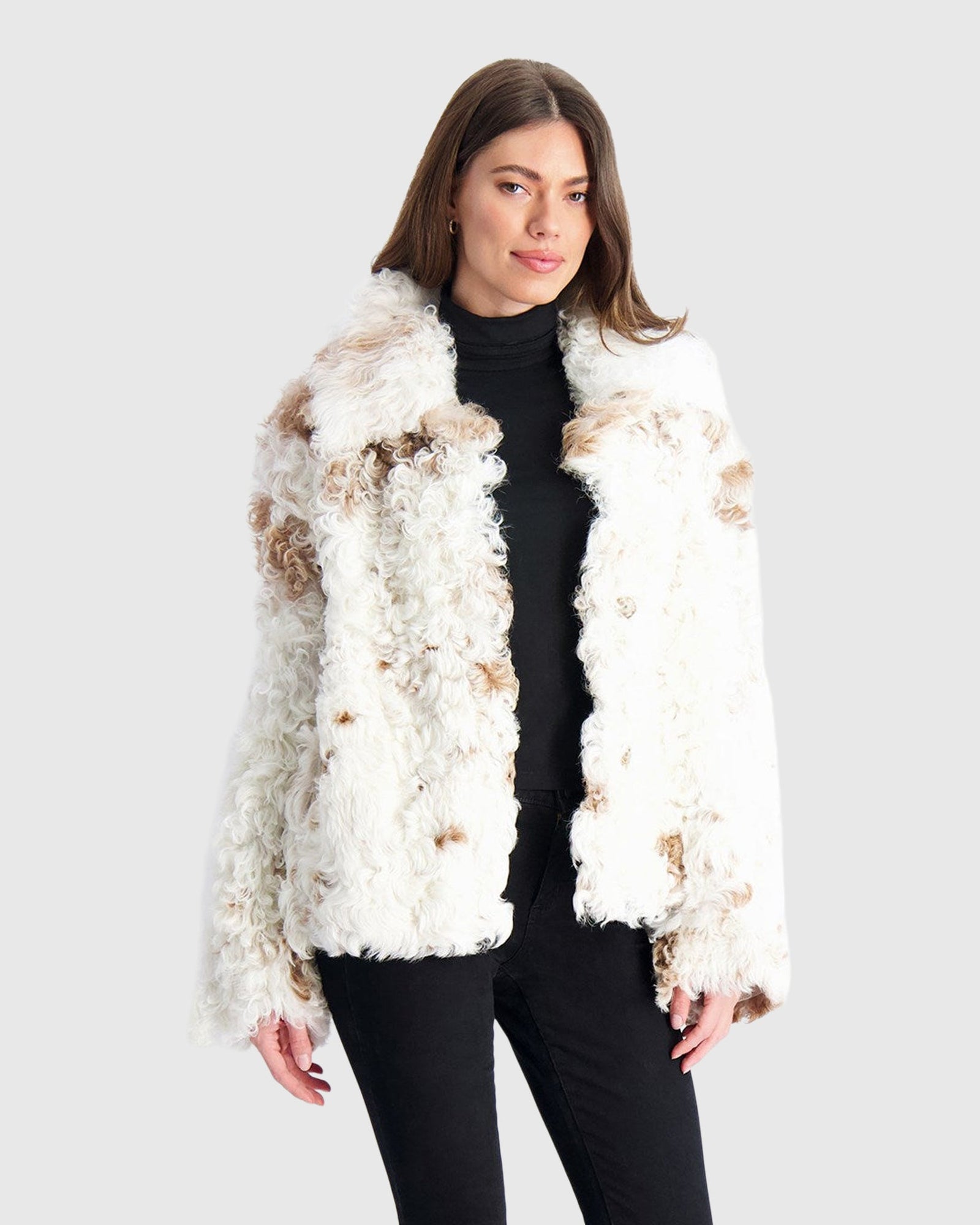 Reversible Long Hair Select Shearling Lamb Jacket | White/Brown Spotted
