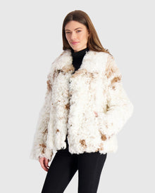 Reversible Long Hair Select Shearling Lamb Jacket | White/Brown Spotted
