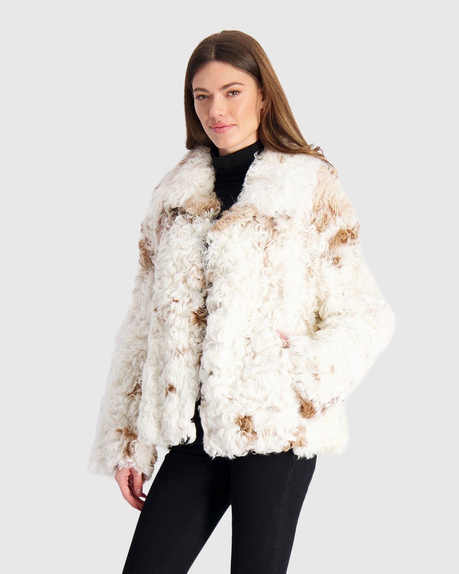 Reversible Long Hair Select Shearling Lamb Jacket | White/Brown Spotted