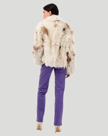 Reversible Long Hair Select Shearling Lamb Jacket | White/Brown Spotted/Light Blue