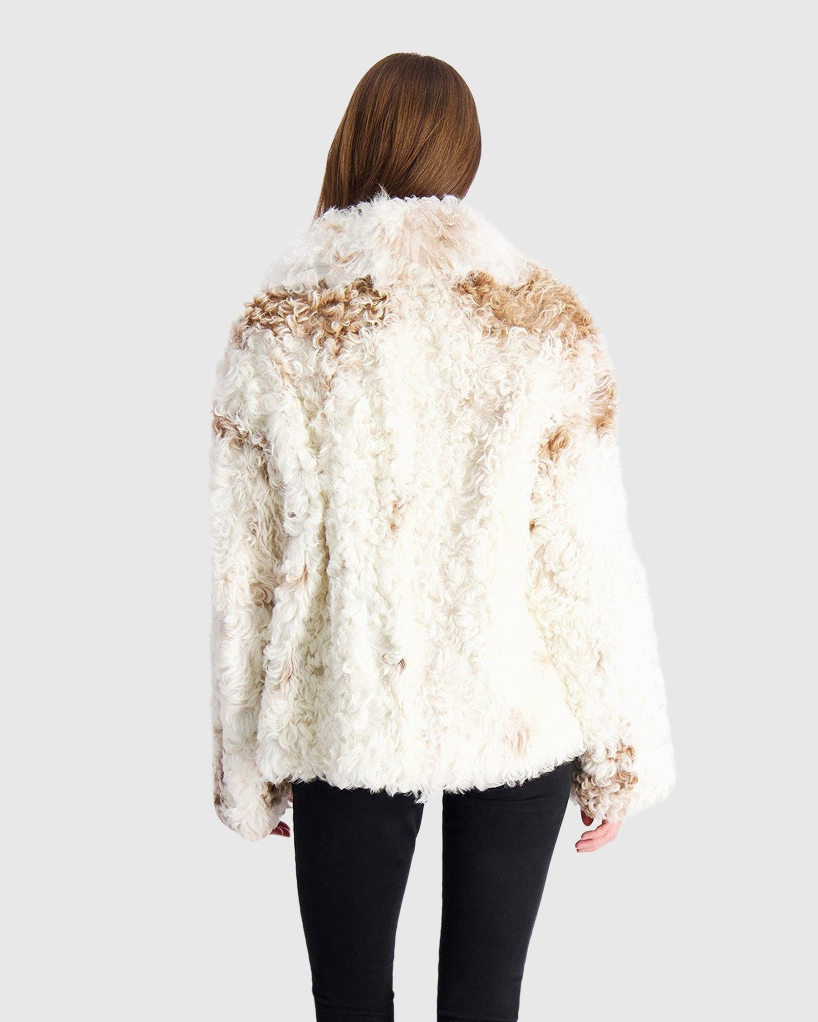 Reversible Long Hair Select Shearling Lamb Jacket | White/Brown Spotted