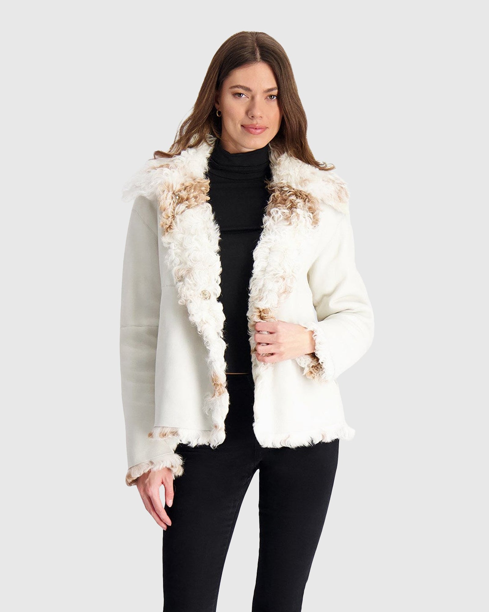 Reversible Long Hair Select Shearling Lamb Jacket | White/Brown Spotted