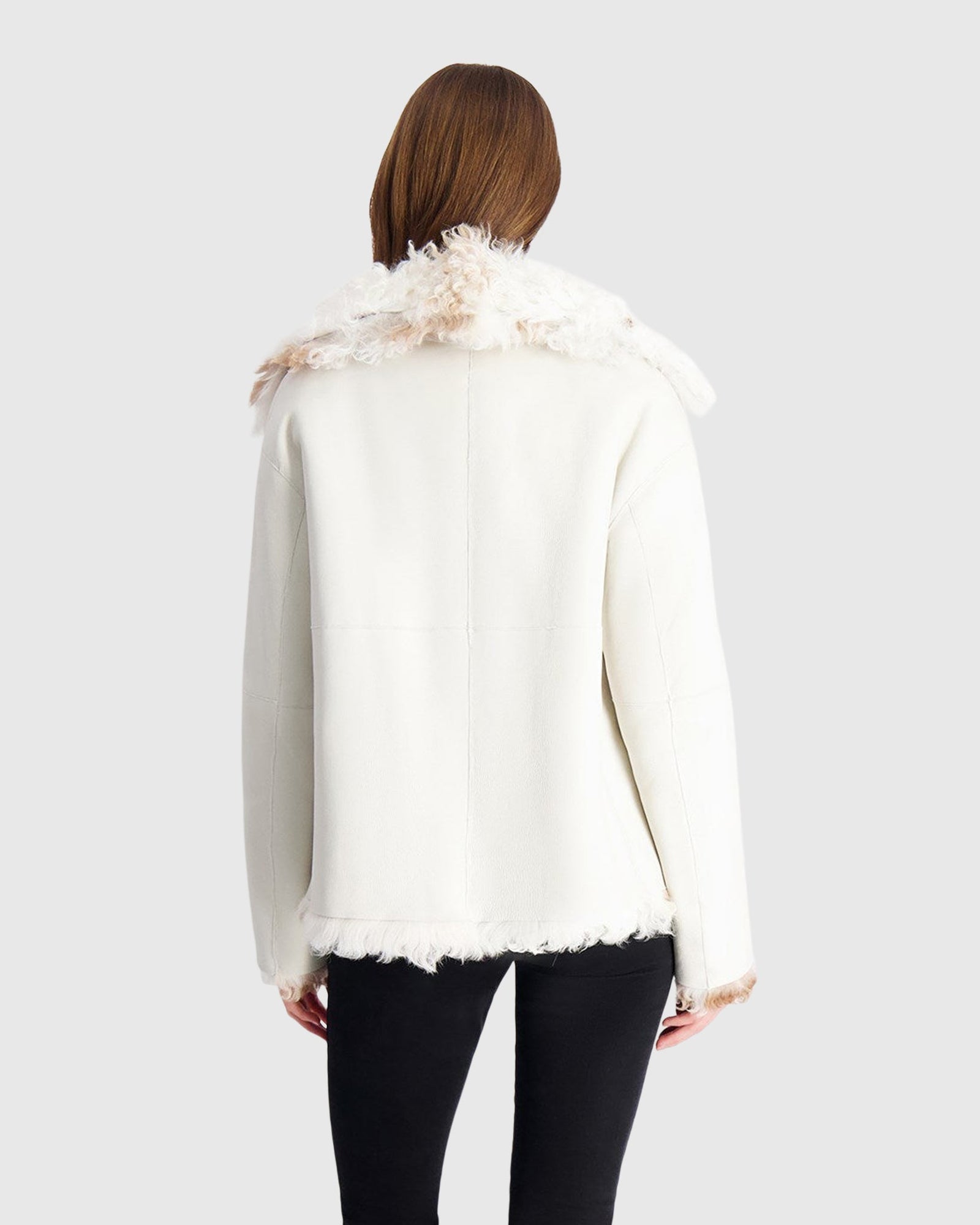 Reversible Long Hair Select Shearling Lamb Jacket | White/Brown Spotted