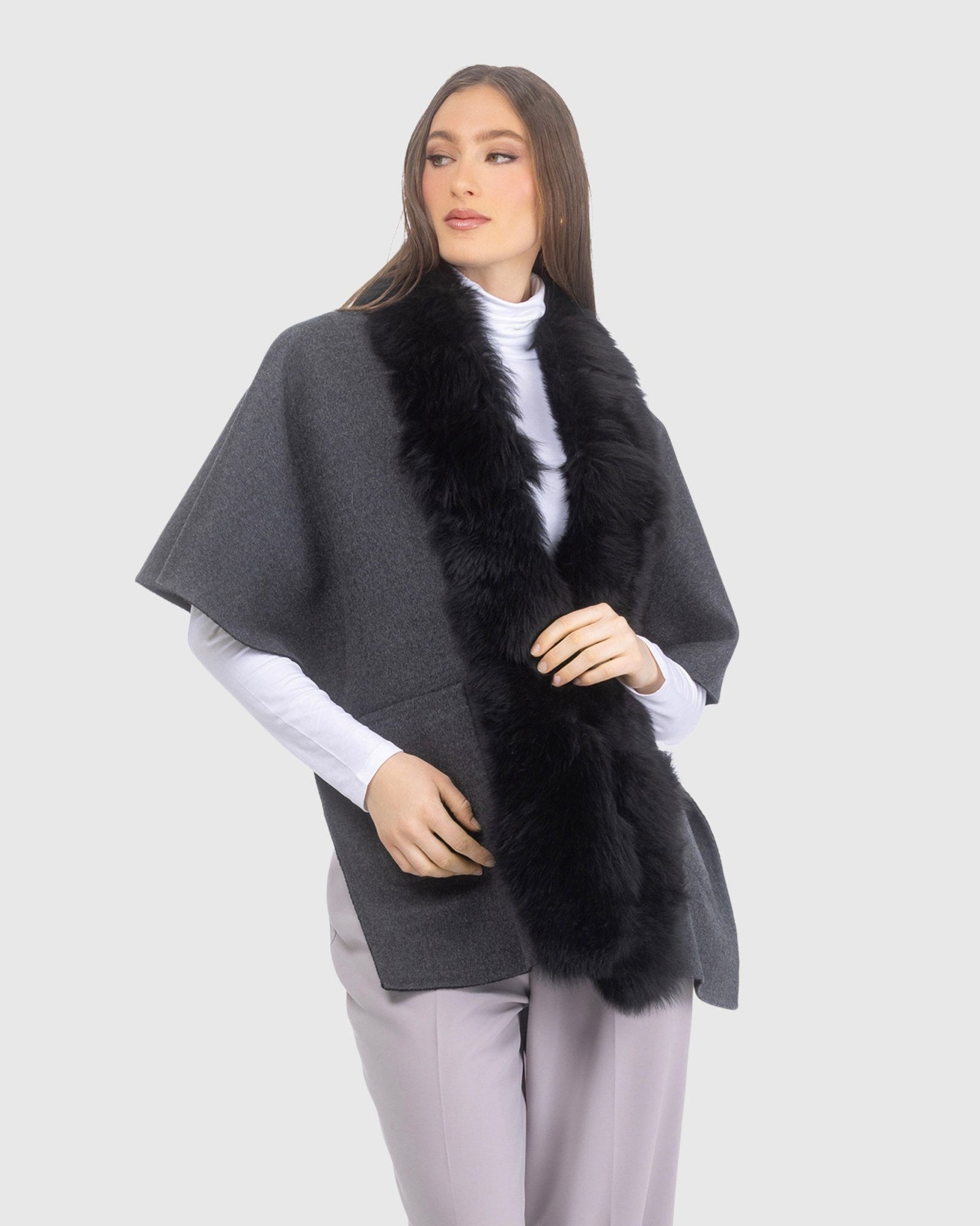 Reversible Loro Piana Cashmere & Wool Shawl With Merinillo Shearling Lamb Trim | Black/Anthracite