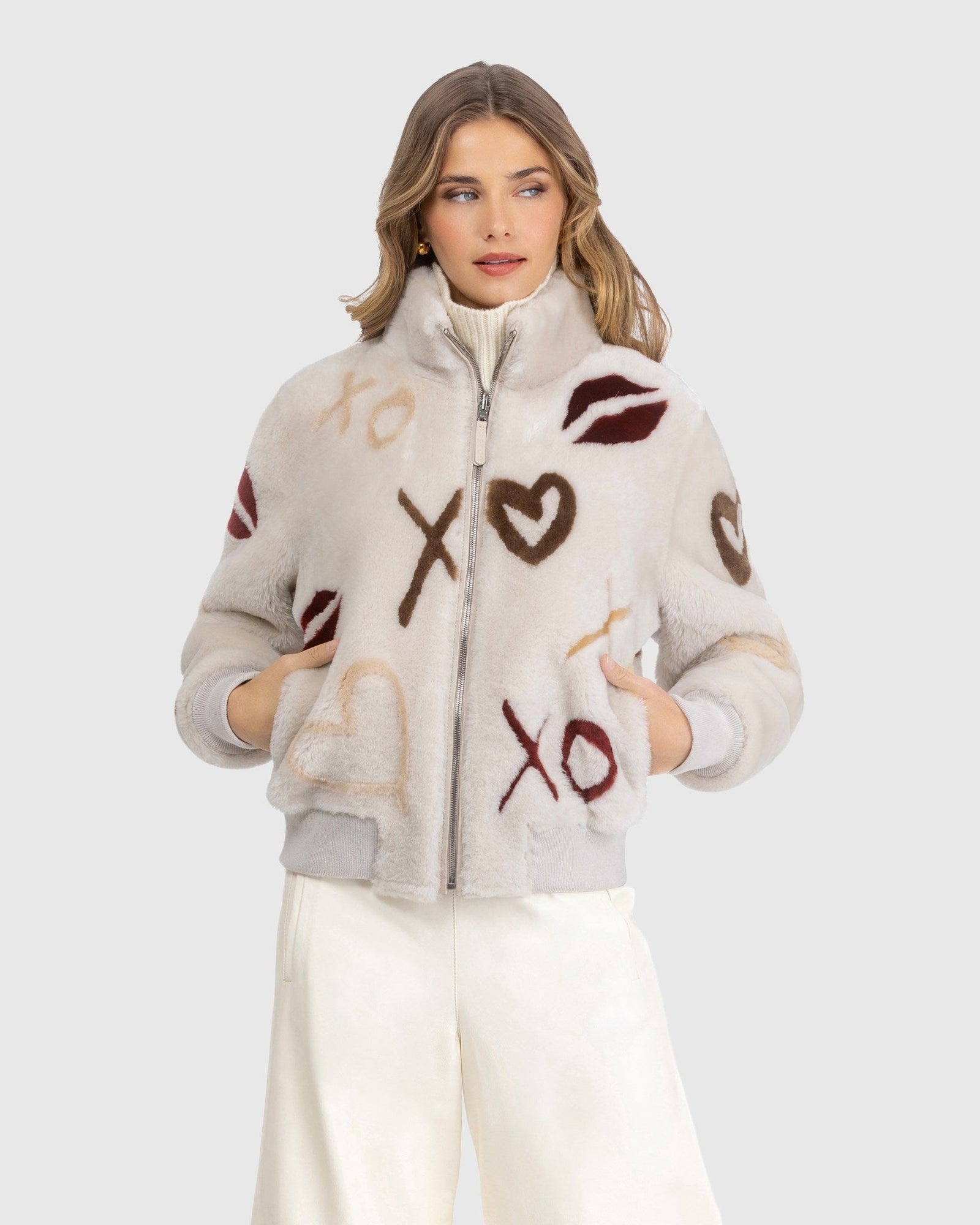 Reversible Merino Shearing Lamb Bomber Jacket | Cream/Xo Multi