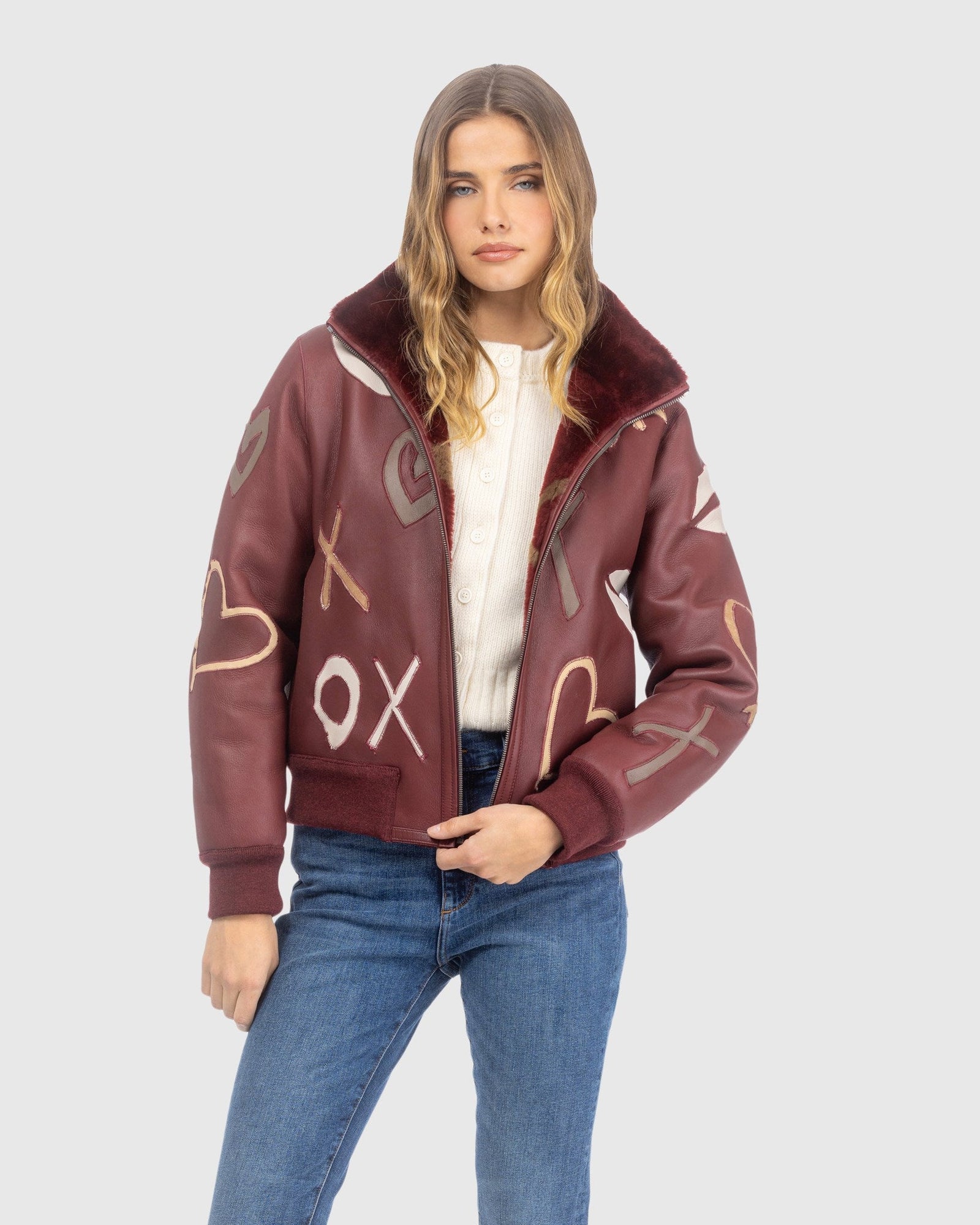 Reversible Merino Shearing Lamb Bomber Jacket | Wine/Xo Multi