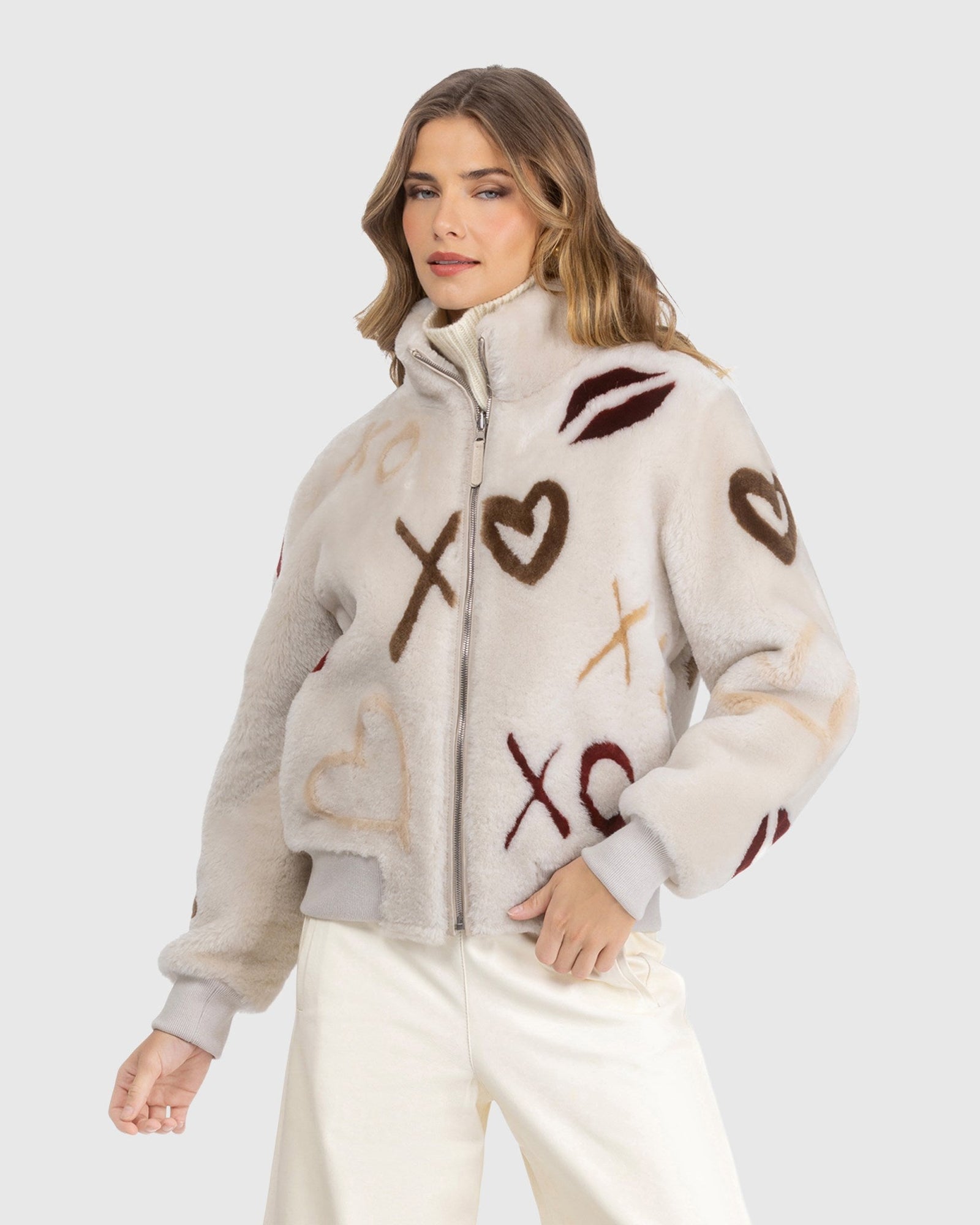 Reversible Merino Shearing Lamb Bomber Jacket | Cream/Xo Multi
