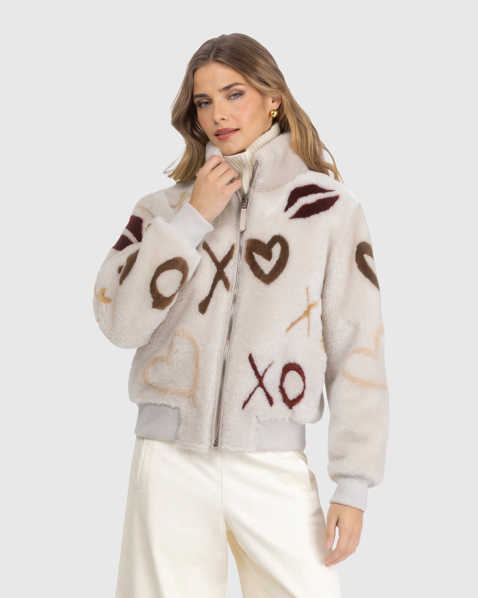 Reversible Merino Shearing Lamb Bomber Jacket | Cream/Xo Multi
