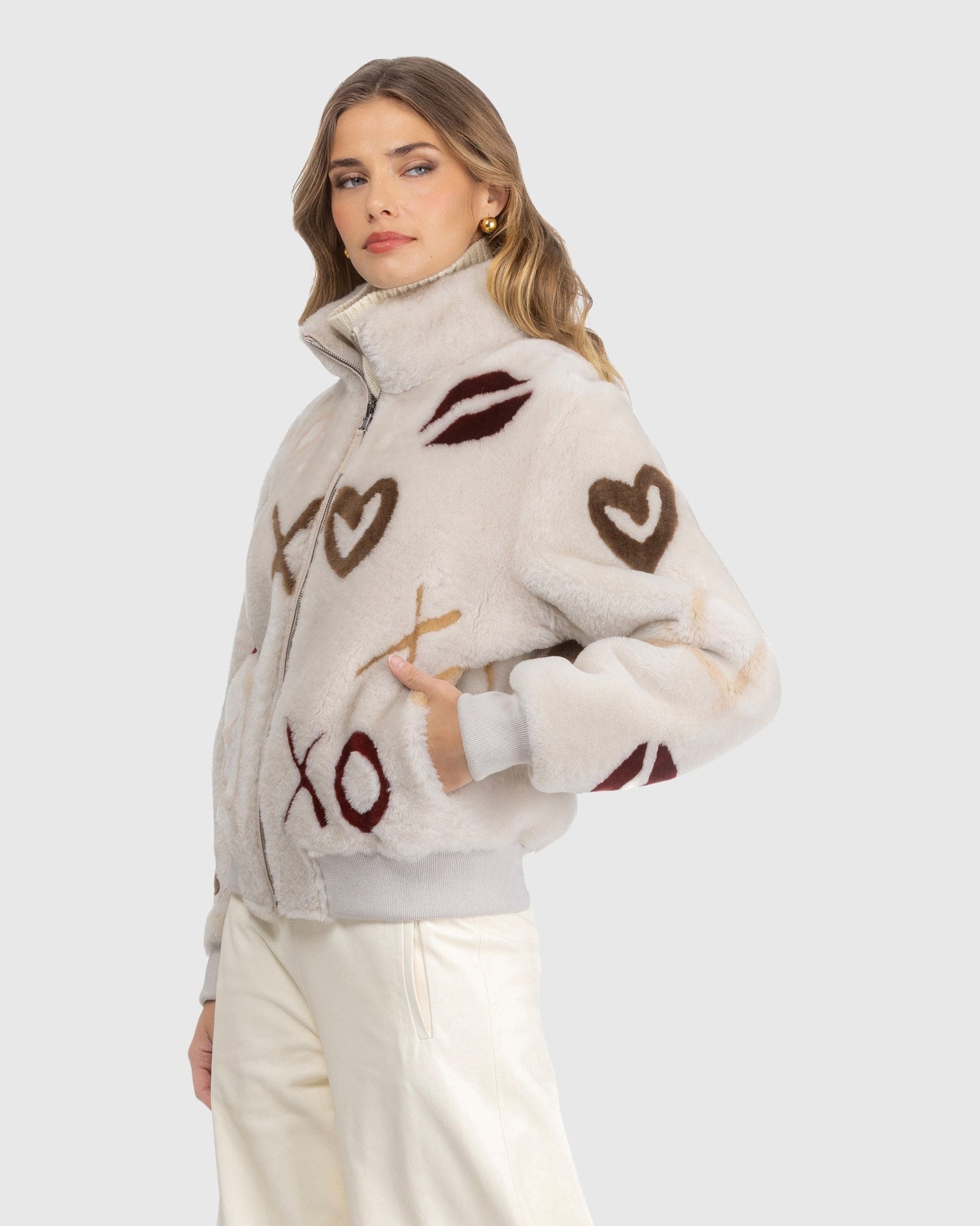 Reversible Merino Shearing Lamb Bomber Jacket | Cream/Xo Multi