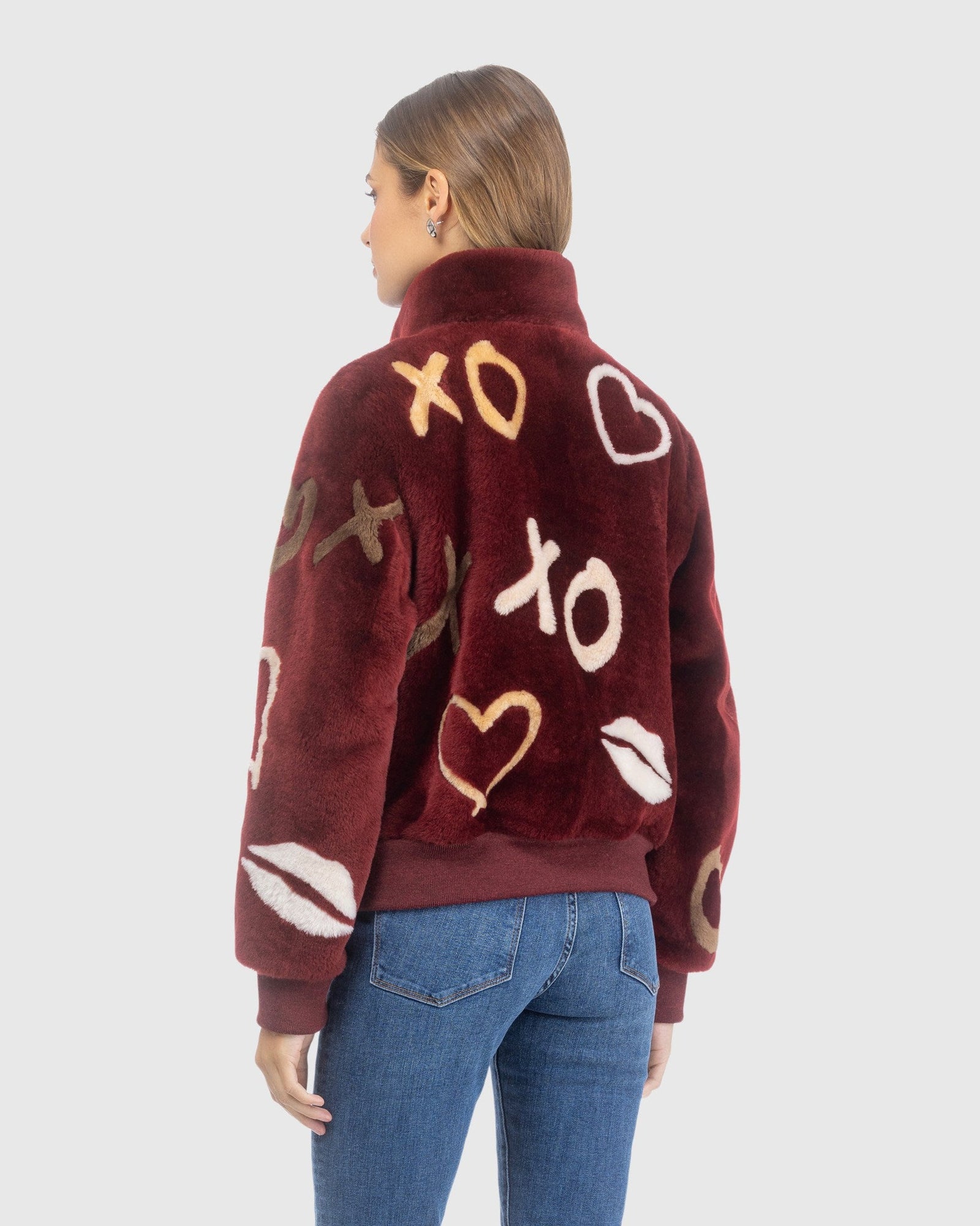 Reversible Merino Shearing Lamb Bomber Jacket | Wine/Xo Multi