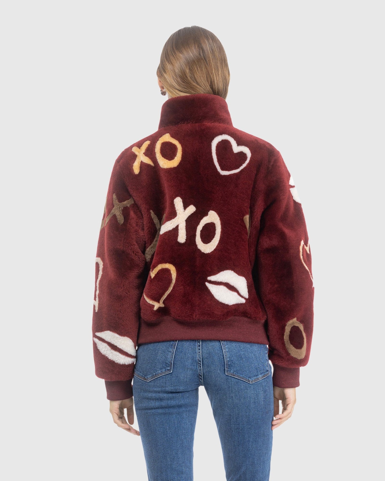 Reversible Merino Shearing Lamb Bomber Jacket | Wine/Xo Multi
