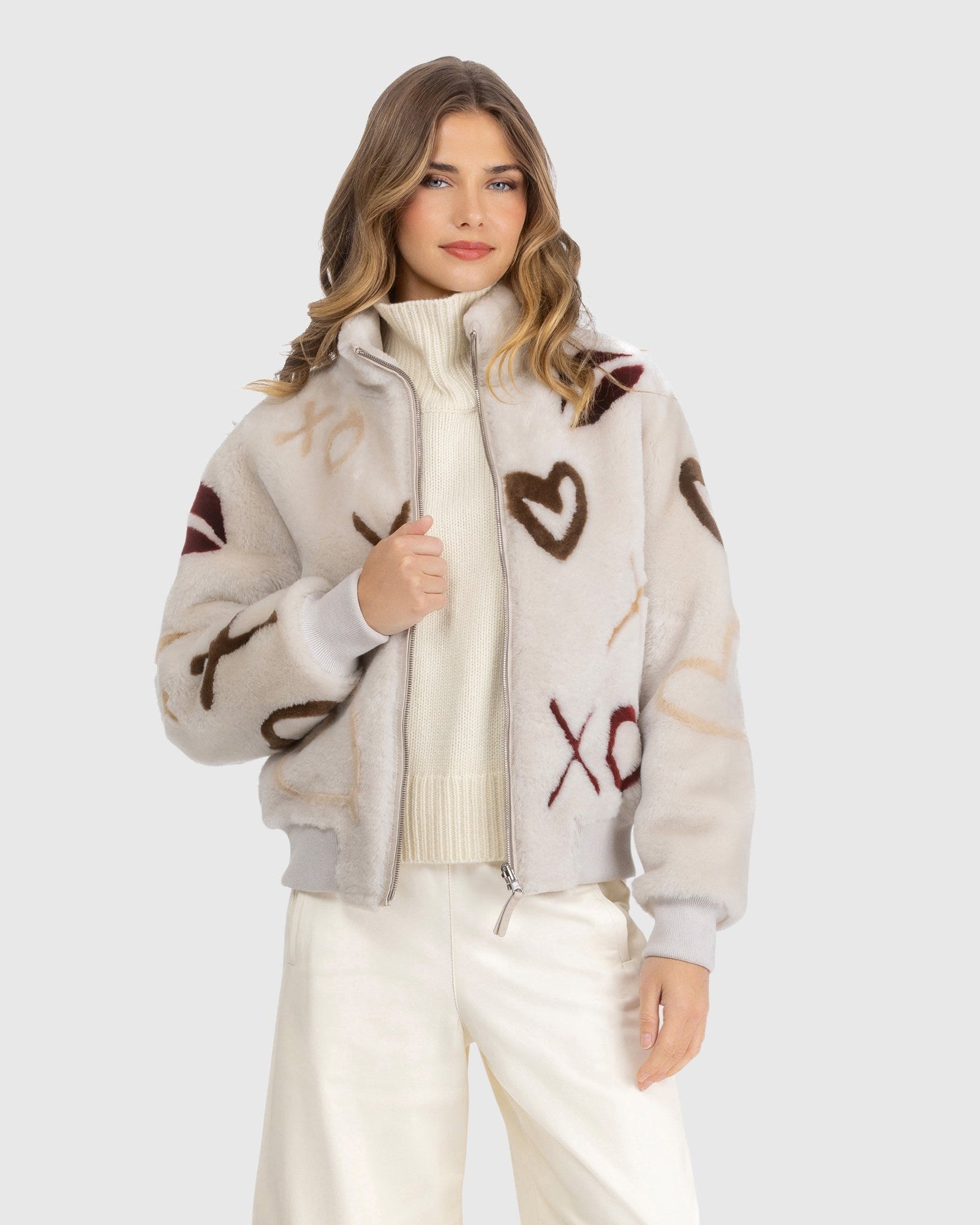 Reversible Merino Shearing Lamb Bomber Jacket | Cream/Xo Multi