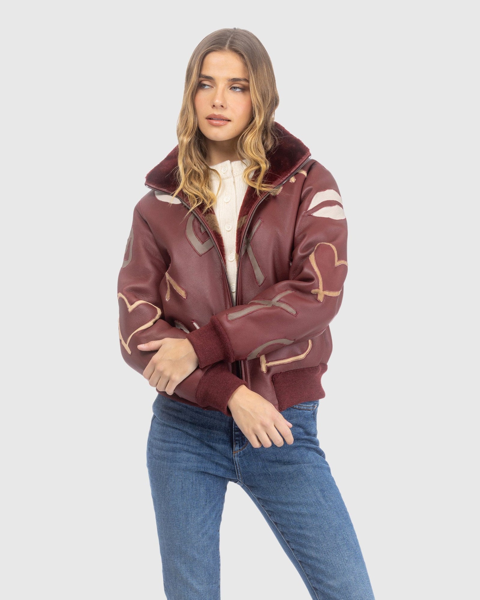 Reversible Merino Shearing Lamb Bomber Jacket | Wine/Xo Multi