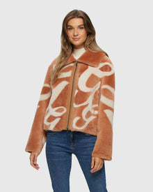 Reversible Merino Shearling Lamb Intarsia Zip Jacket | White/Salmon