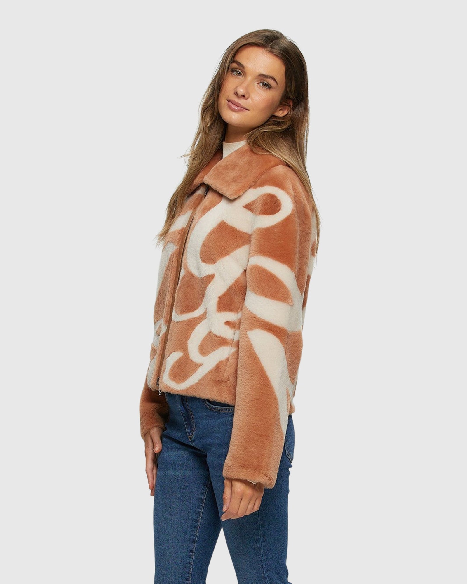 Reversible Merino Shearling Lamb Intarsia Zip Jacket | White/Salmon