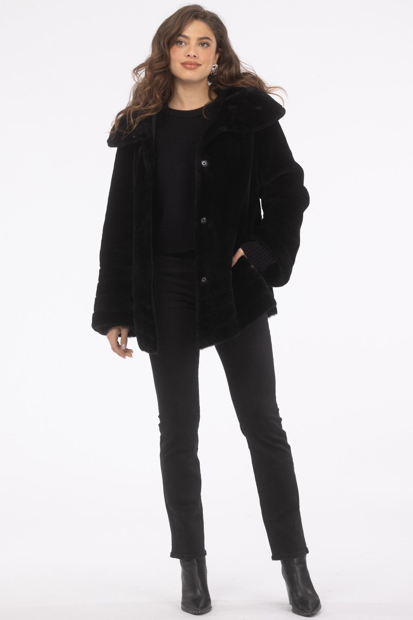 Reversible Merino Shearling Lamb Jacket, Hood | Women | Black x Black