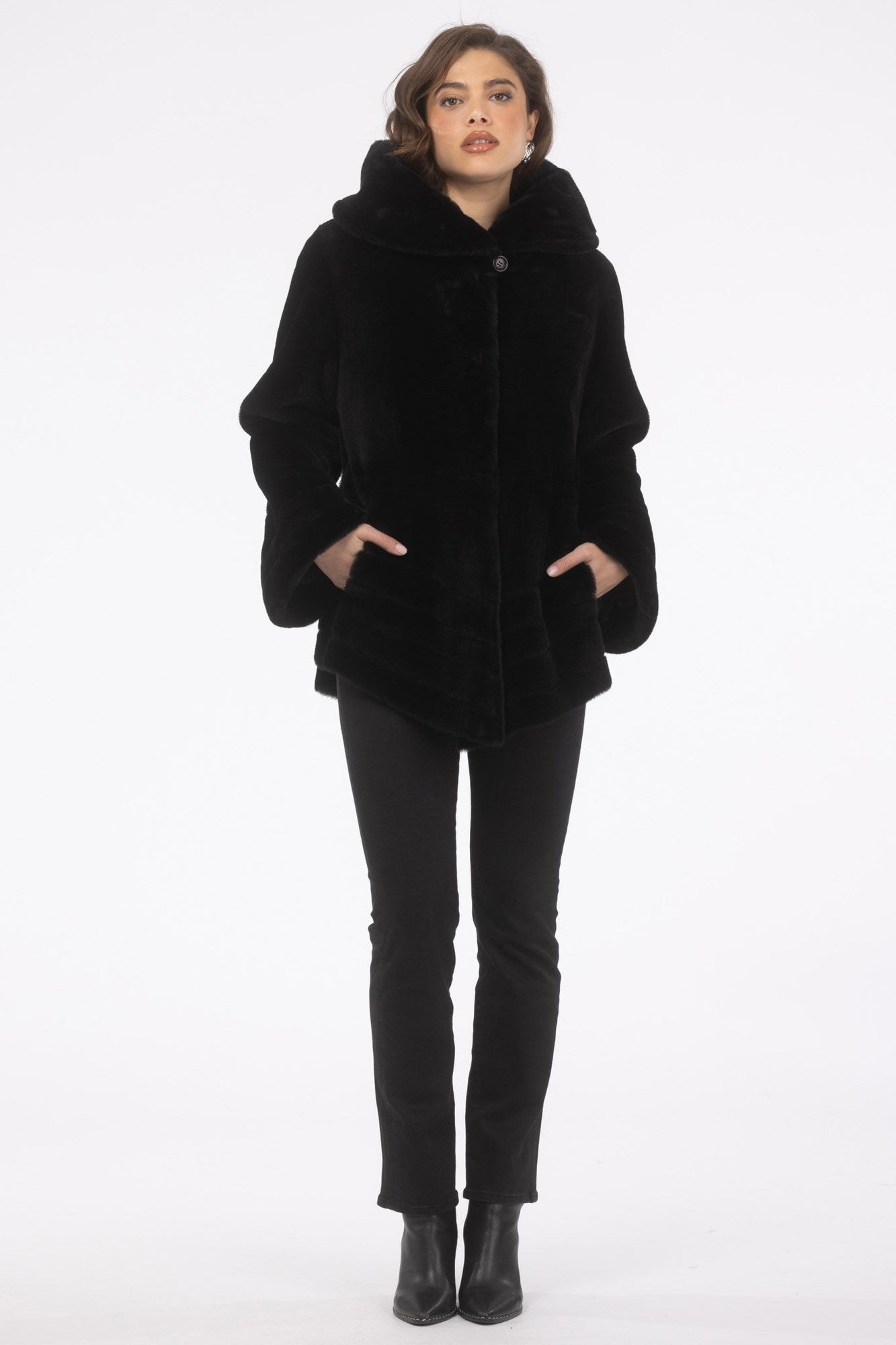 Reversible Merino Shearling Lamb Jacket, Hood | Women | Black x Black