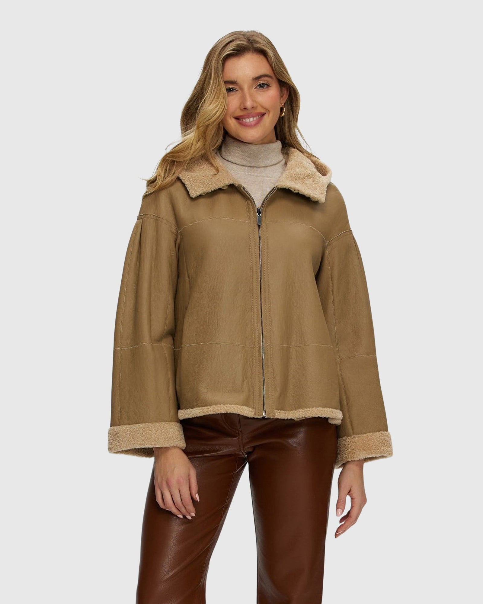 Reversible New Zealand Shearling Lamb Zip Parka | Honey