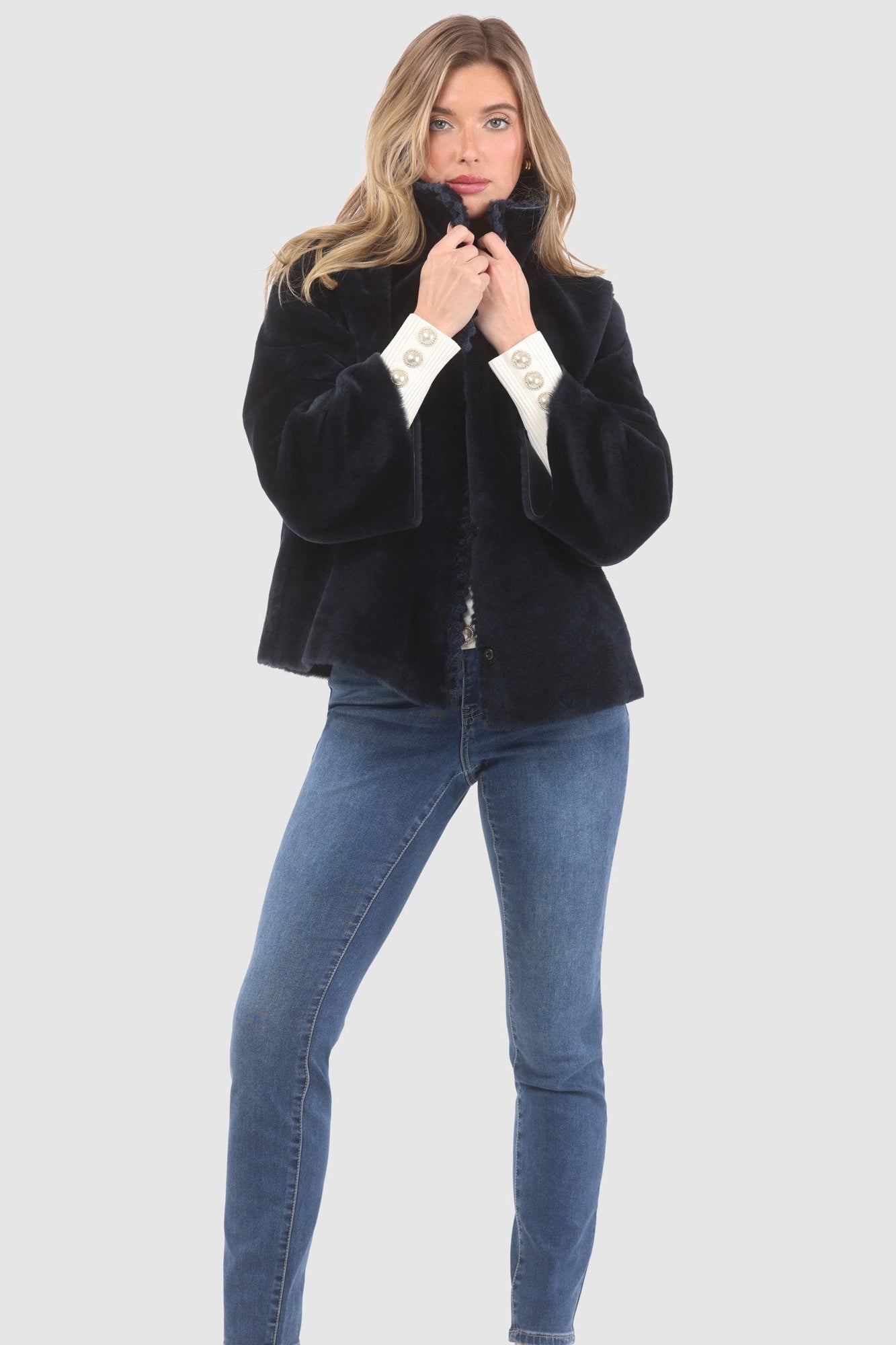 Reversible Select Shearling Jacket With Embroiderd Trim | Women | Navy x Navy