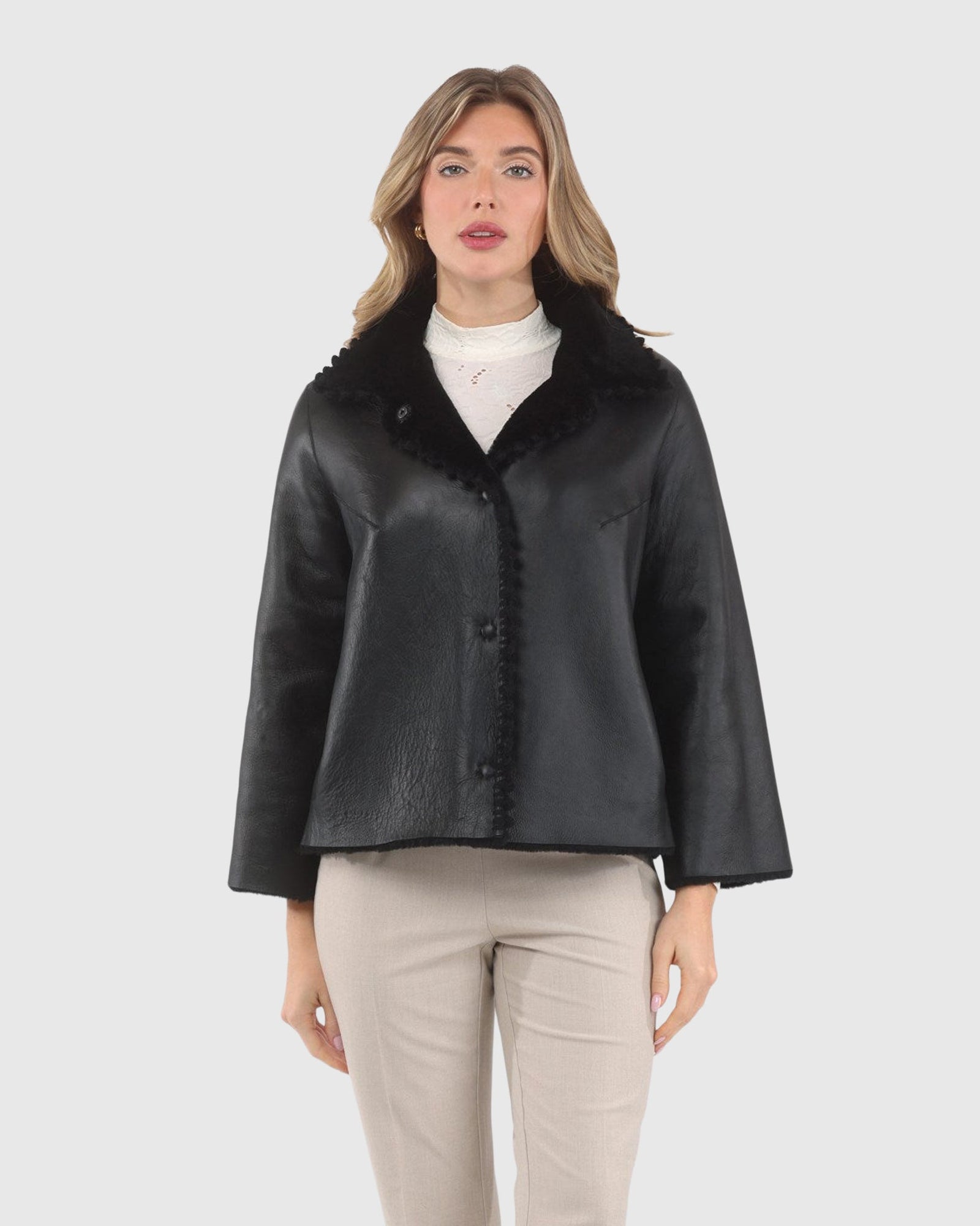 Reversible Select Shearling Jacket With Embroiderd Trim | Black/Black