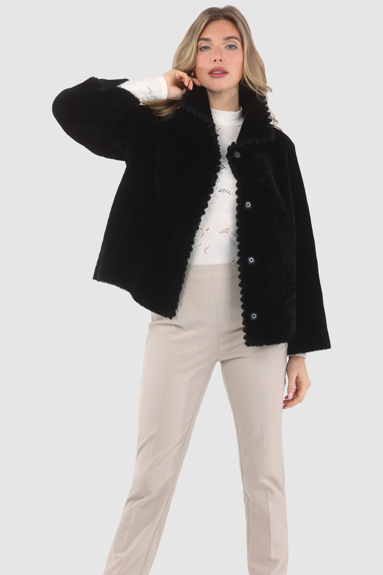 Reversible Select Shearling Jacket With Embroiderd Trim | Women | Black x Black