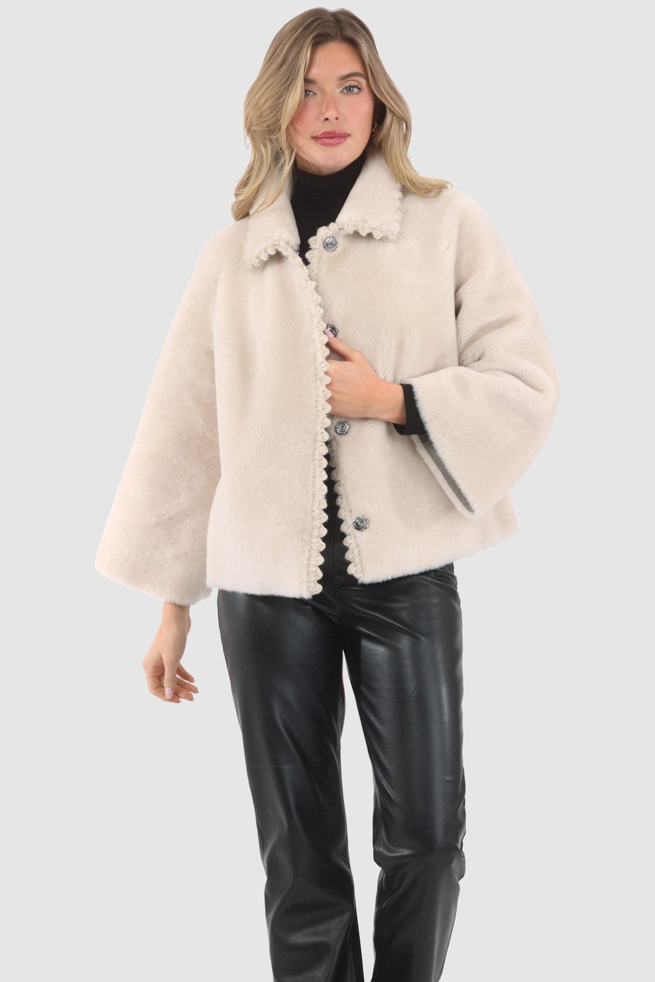 Reversible Select Shearling Jacket With Embroiderd Trim | Women | Cream x Cream