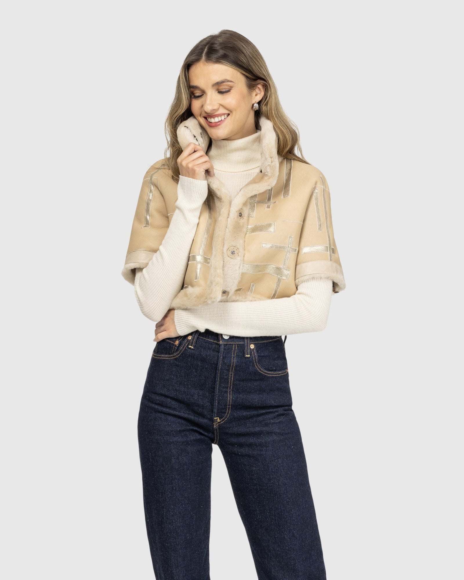 Reversible Select Shearling Lamb Bolero With Cropped Sleeves | Palomino/Lprd Intarsia