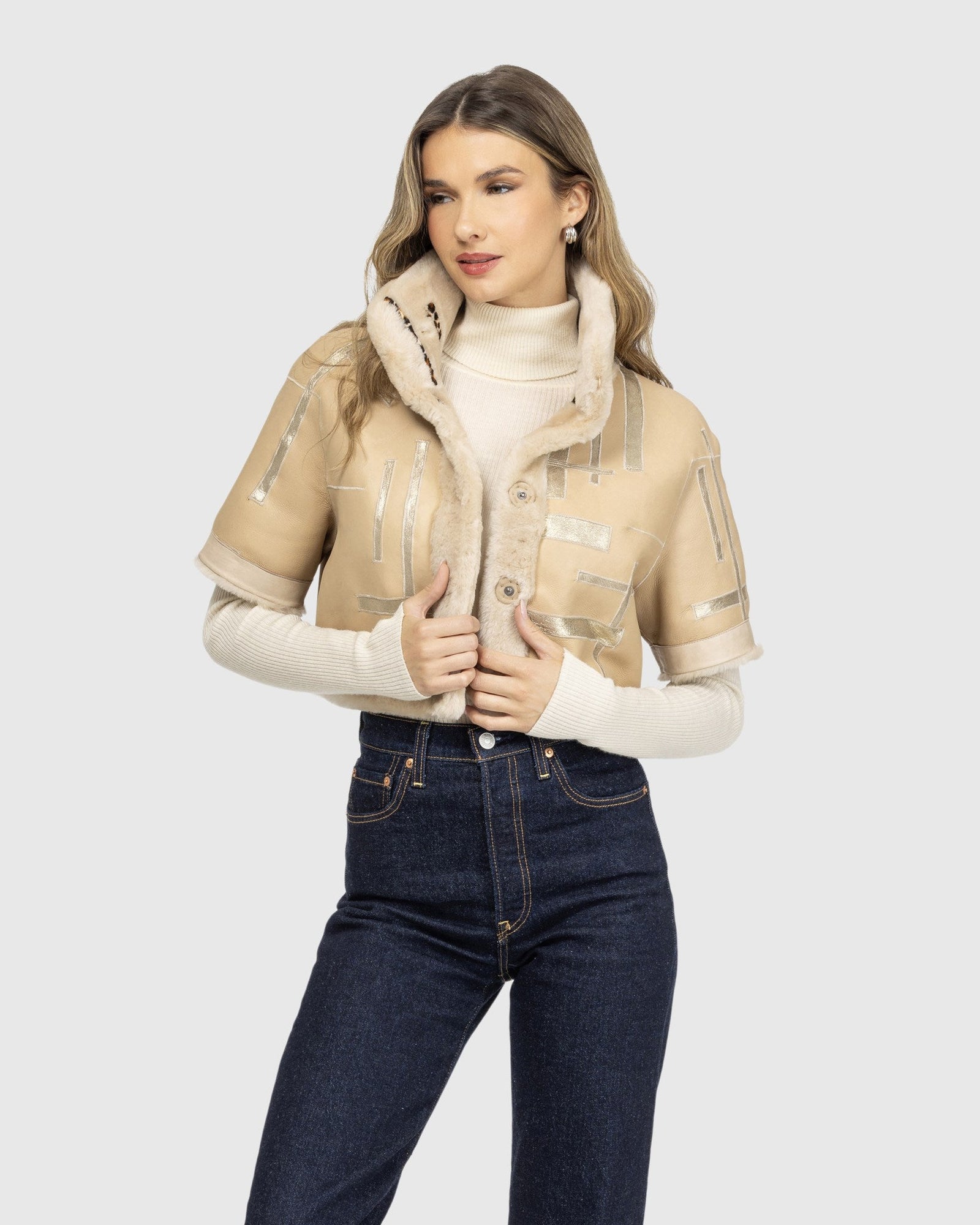 Reversible Select Shearling Lamb Bolero With Cropped Sleeves | Palomino/Lprd Intarsia