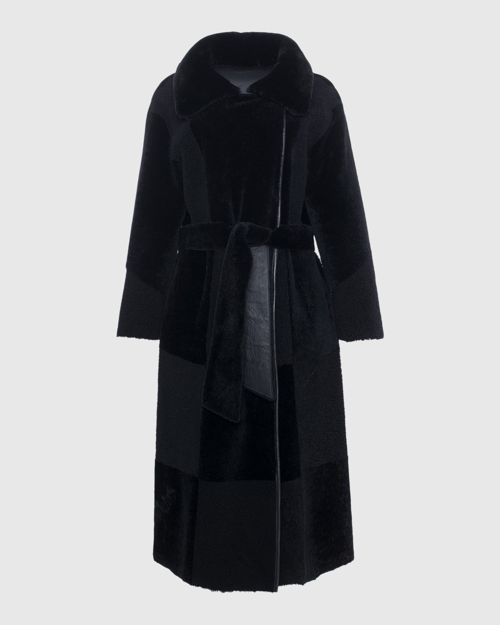 Reversible Select Shearling Lamb Coat With Notch Collar, Belt | Black