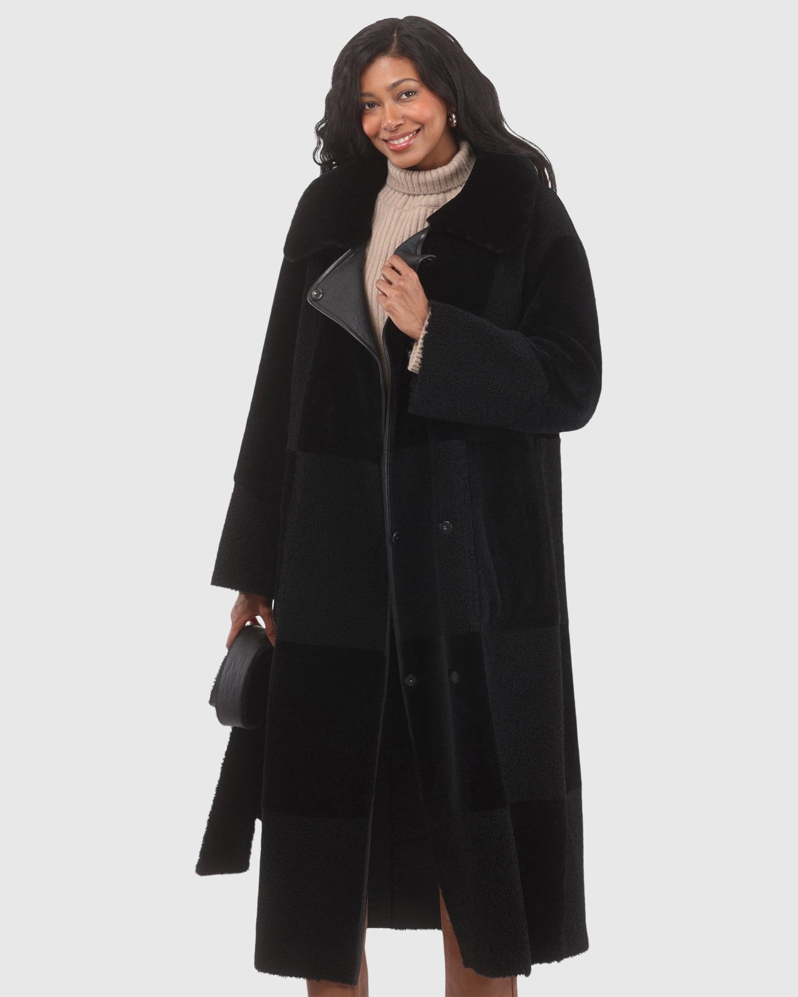 Reversible Select Shearling Lamb Coat With Notch Collar, Belt | Black