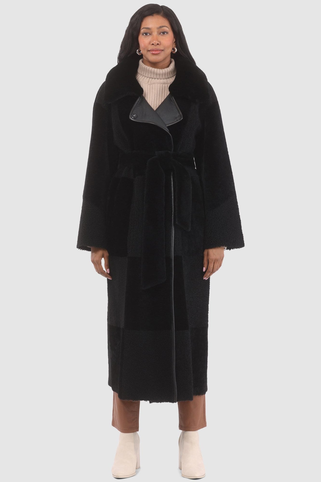 Reversible Select Shearling Lamb Coat With Notch Collar, Belt | Women | Black