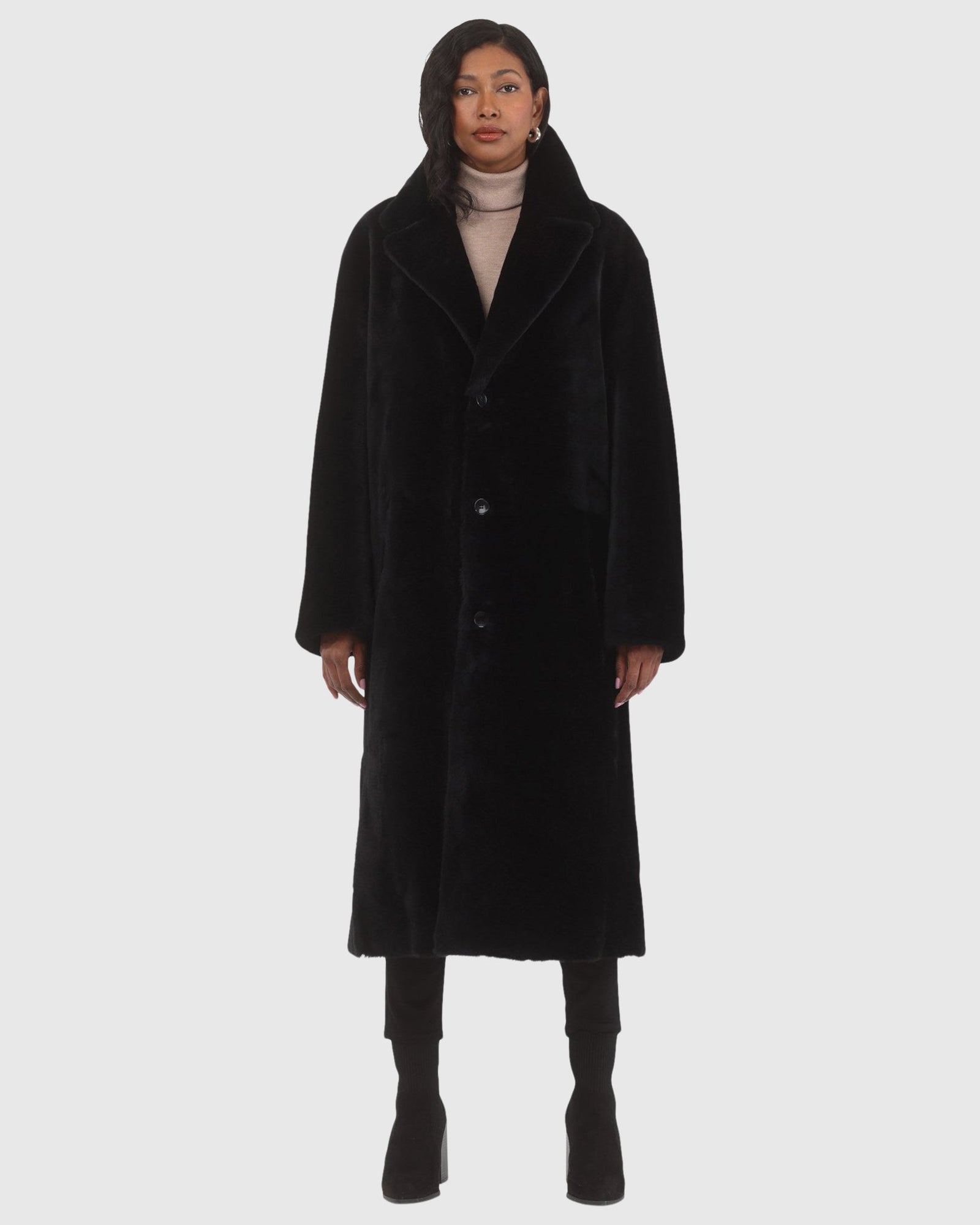 Reversible Select Shearling Lamb Coat With Notch Collar, Belt | Black