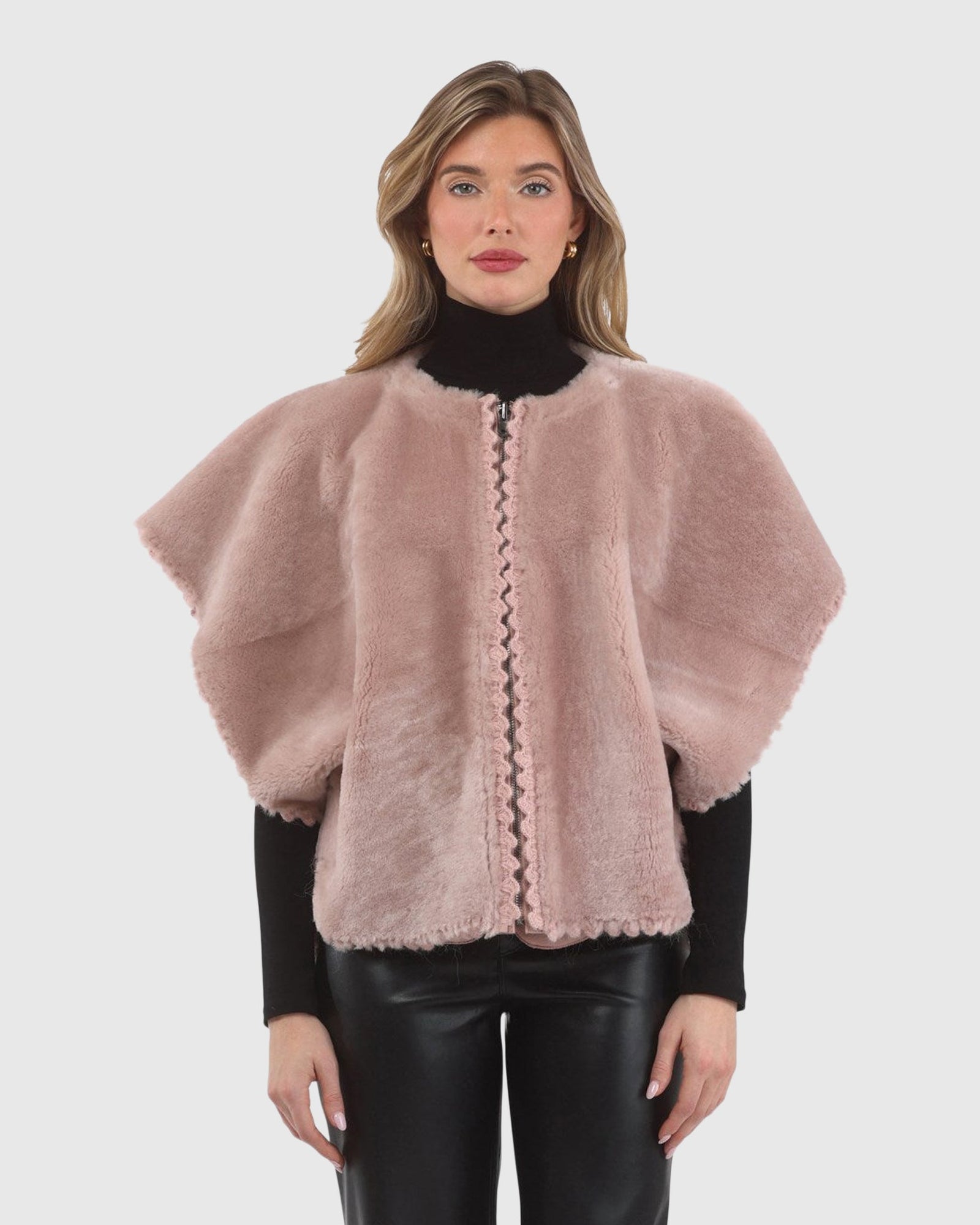 Reversible Select Shearling Lamb Collarless Jacket With Embroidered Trim | Blush/Blush