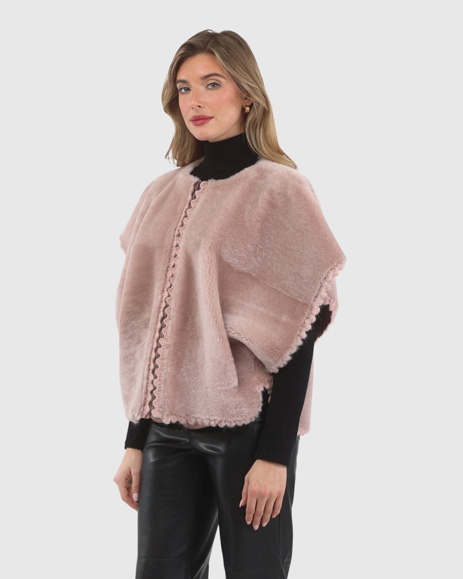 Reversible Select Shearling Lamb Collarless Jacket With Embroidered Trim | Blush/Blush