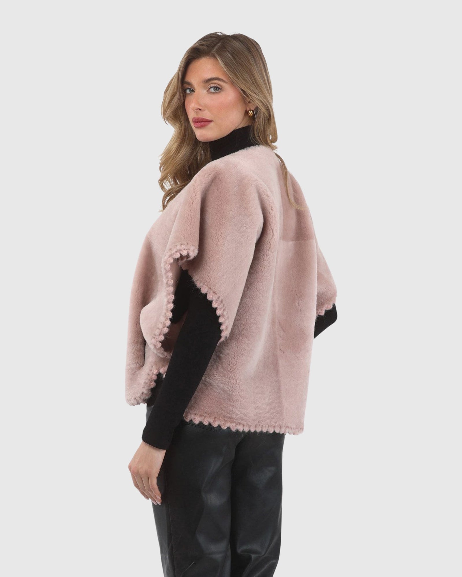 Reversible Select Shearling Lamb Collarless Jacket With Embroidered Trim | Blush/Blush