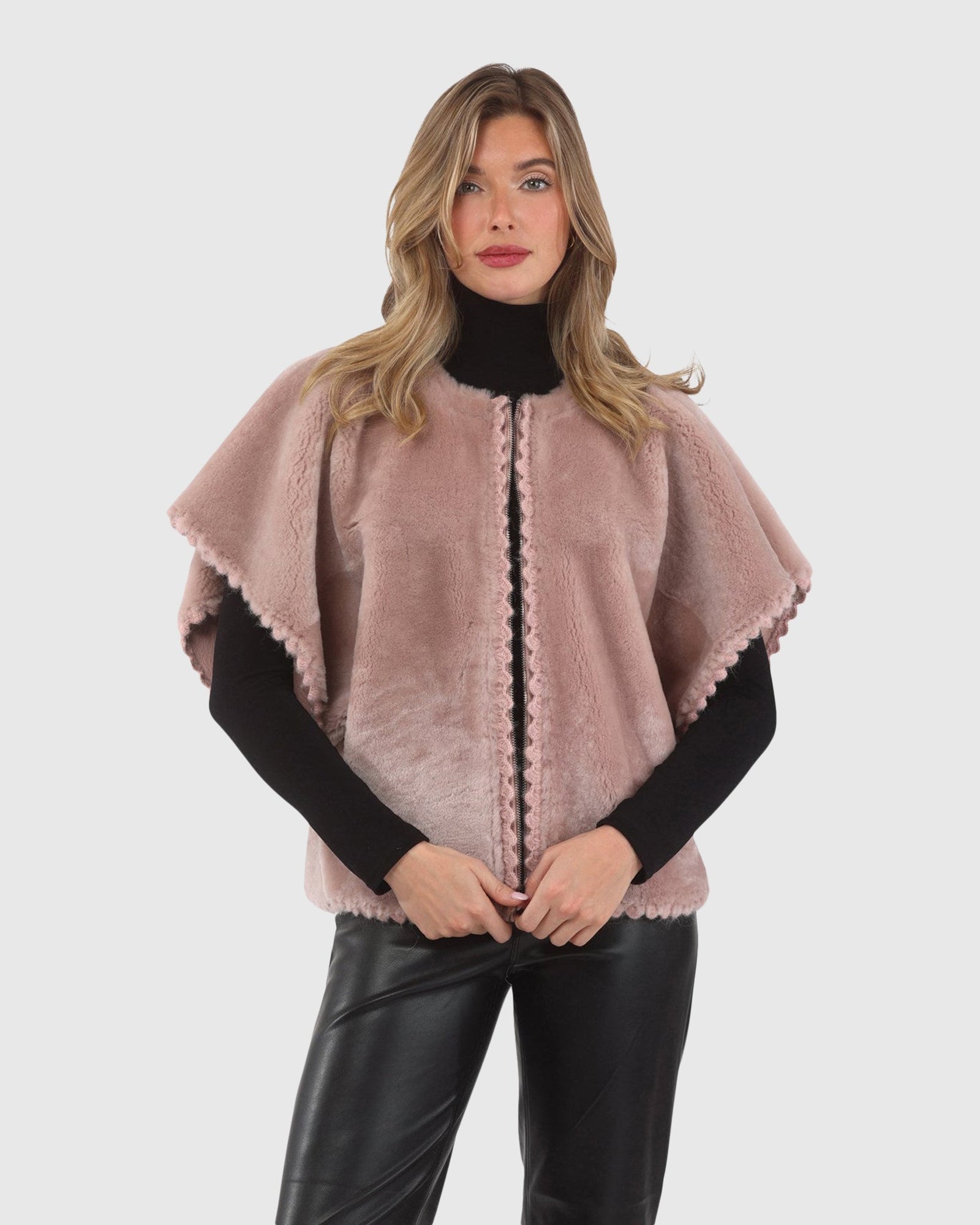 Reversible Select Shearling Lamb Collarless Jacket With Embroidered Trim | Blush/Blush